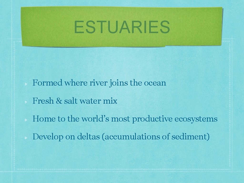 ESTUARIES Formed where river joins the ocean Fresh & salt water mix Home to