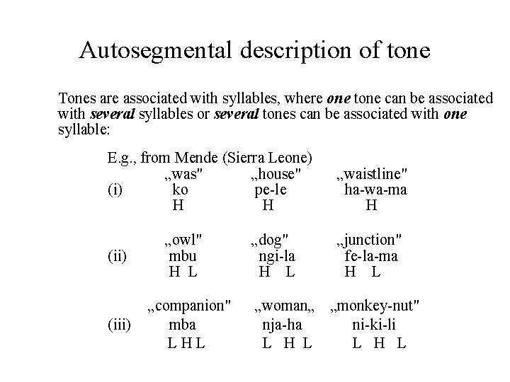 Autosegmental description of tone Tones are associated with syllables, where one tone can be