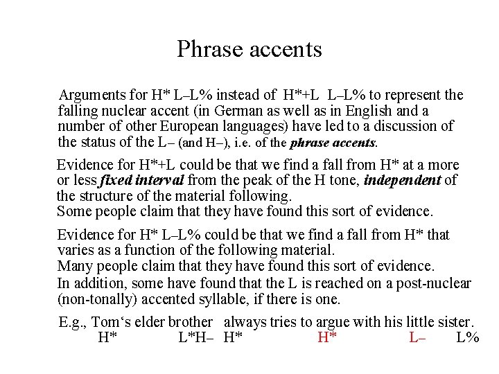 Phrase accents Arguments for H* L–L% instead of H*+L L–L% to represent the falling