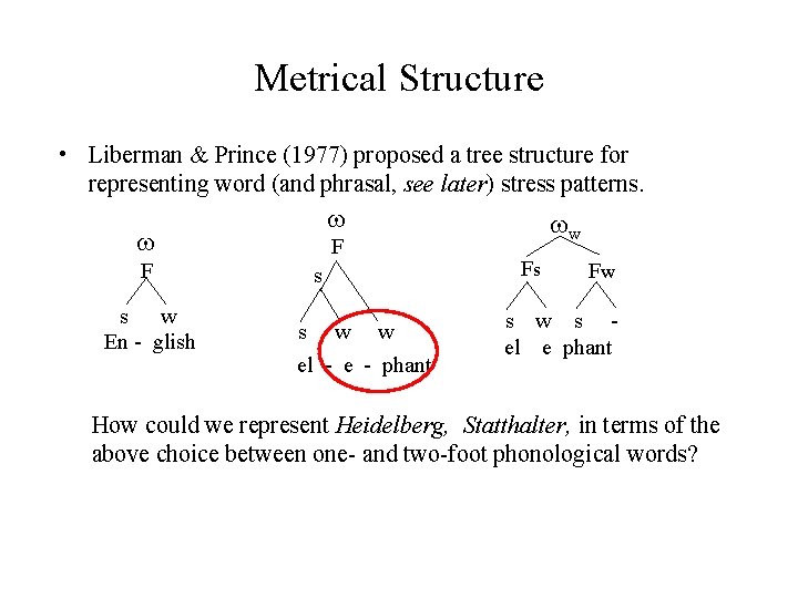 Metrical Structure • Liberman & Prince (1977) proposed a tree structure for representing word