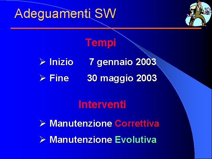 Adeguamenti SW Tempi Ø Inizio 7 gennaio 2003 Ø Fine 30 maggio 2003 Interventi