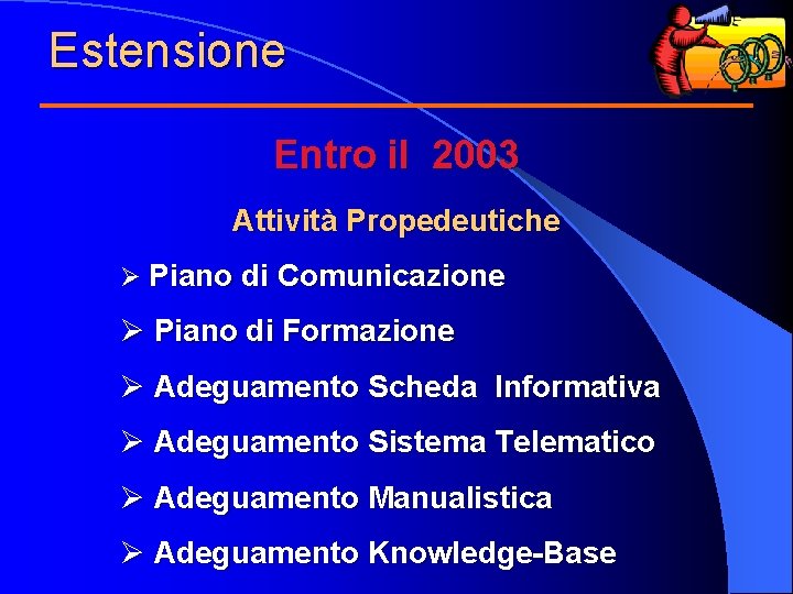 Estensione Entro il 2003 Attività Propedeutiche Ø Piano di Comunicazione Ø Piano di Formazione Estensione Entro il 2003 Attività Propedeutiche Ø Piano di Comunicazione Ø Piano di Formazione