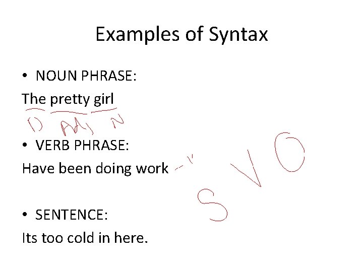 Examples of Syntax • NOUN PHRASE: The pretty girl • VERB PHRASE: Have been