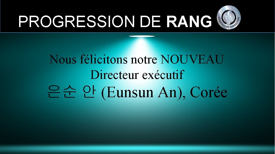 PROGRESSION DE RANG Nous félicitons notre NOUVEAU Directeur exécutif 은순 안 (Eunsun An), Corée