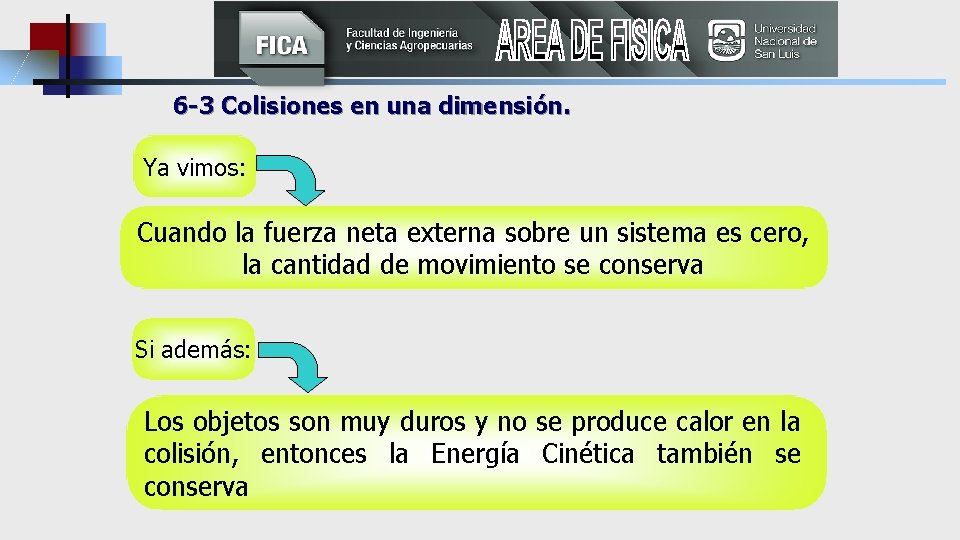 6 -3 Colisiones en una dimensión. Ya vimos: Cuando la fuerza neta externa sobre