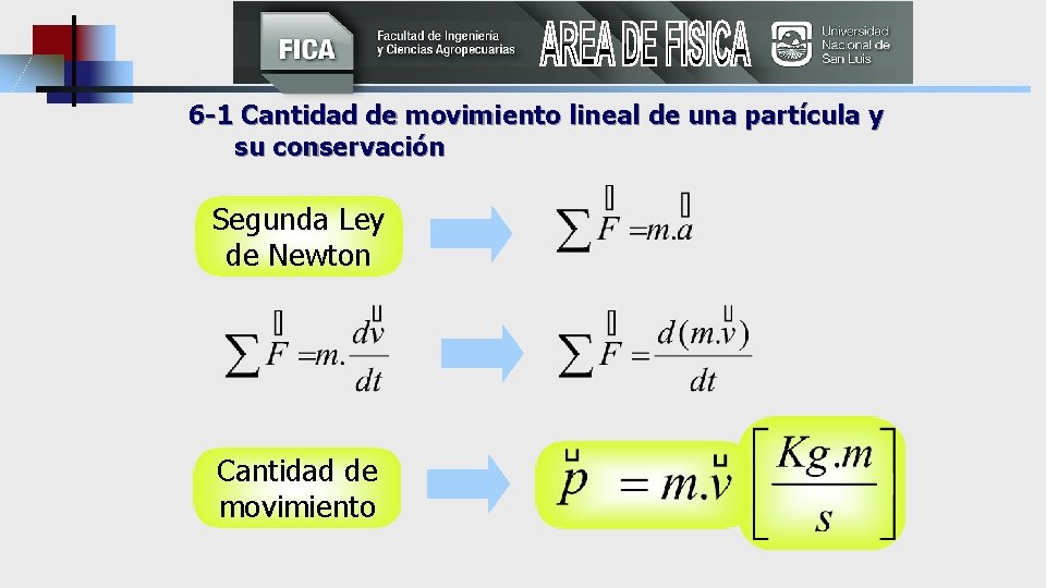 6 -1 Cantidad de movimiento lineal de una partícula y su conservación Segunda Ley