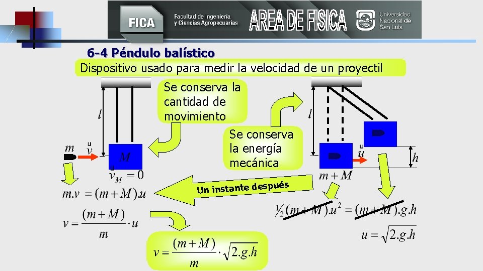 6 -4 Péndulo balístico Dispositivo usado para medir la velocidad de un proyectil Se