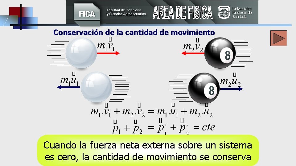 Conservación de la cantidad de movimiento Cuando la fuerza neta externa sobre un sistema