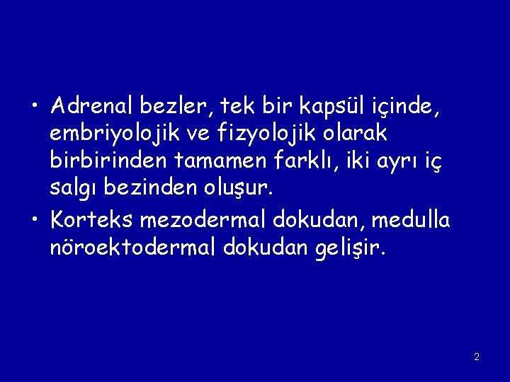  • Adrenal bezler, tek bir kapsül içinde, embriyolojik ve fizyolojik olarak birbirinden tamamen