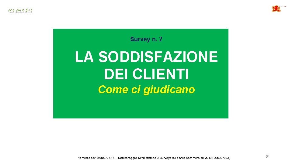 Survey n. 2 LA SODDISFAZIONE DEI CLIENTI Come ci giudicano Nomesis per BANCA XXX