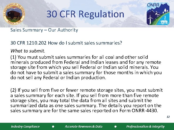 30 CFR Regulation Sales Summary – Our Authority 30 CFR 1210. 202 How do