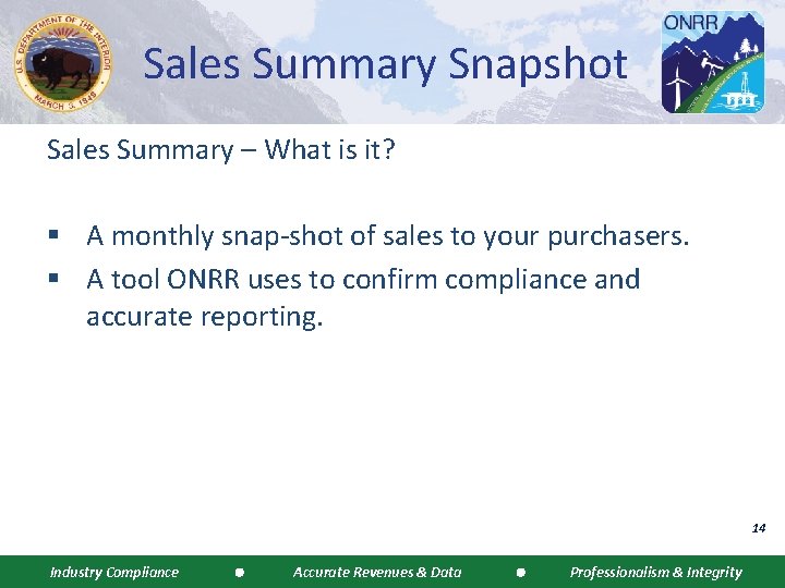 Sales Summary Snapshot Sales Summary – What is it? § A monthly snap-shot of
