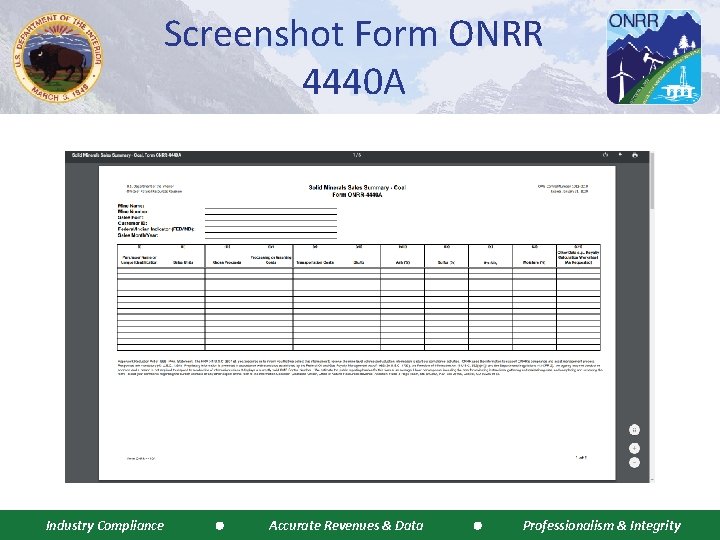 Screenshot Form ONRR 4440 A Industry Compliance Accurate Revenues & Data Professionalism & Integrity