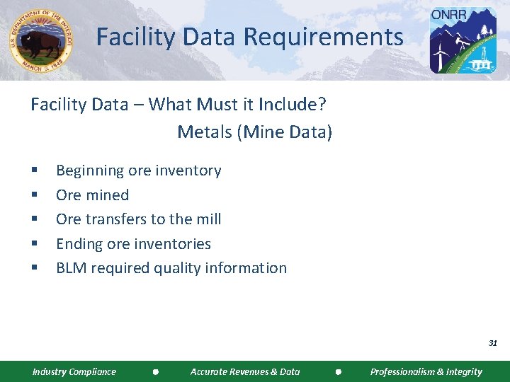 Facility Data Requirements Facility Data – What Must it Include? Metals (Mine Data) §