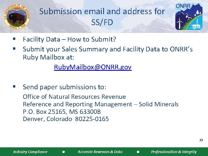 Submission email and address for SS/FD § Facility Data – How to Submit? §