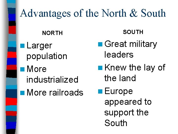 Advantages of the North & South NORTH n Larger population n More industrialized n