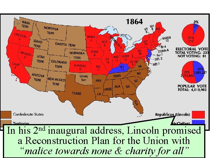 In his 2 nd inaugural address, Lincoln promised a Reconstruction Plan for the Union