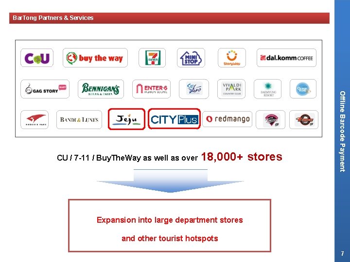 Bar. Tong Partners & Services 18, 000+ stores Offline Barcode Payment CU / 7