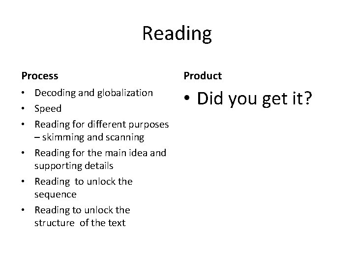 Reading Process Product • Decoding and globalization • Speed • Reading for different purposes