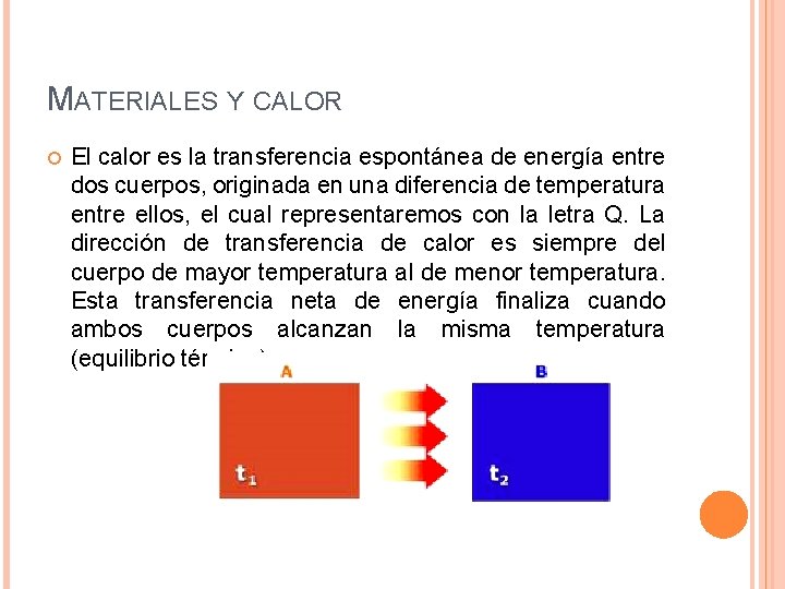 MATERIALES Y CALOR El calor es la transferencia espontánea de energía entre dos cuerpos,