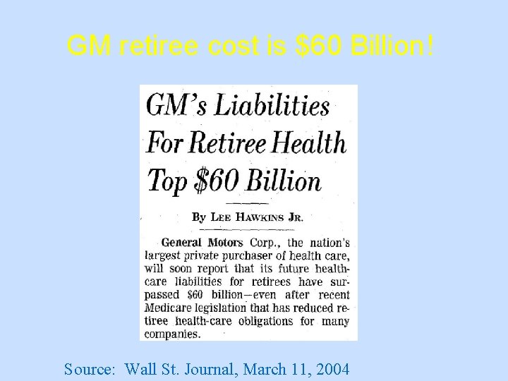 GM retiree cost is $60 Billion! Source: Wall St. Journal, March 11, 2004 
