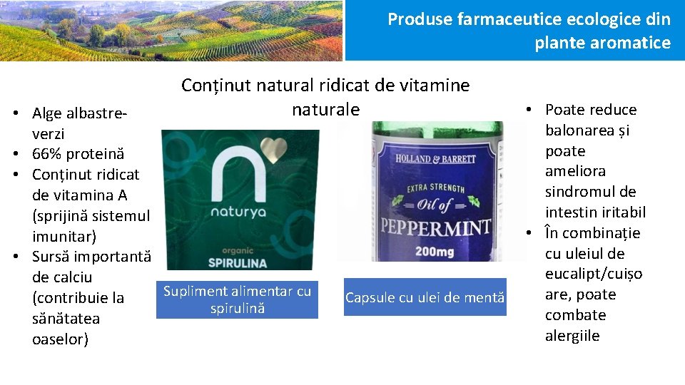 Produse farmaceutice ecologice din plante aromatice Conținut natural ridicat de vitamine naturale • Alge