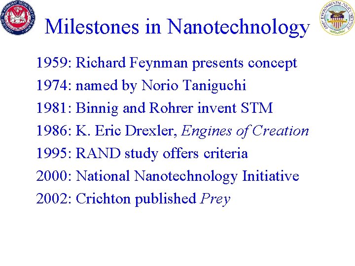 Milestones in Nanotechnology 1959: Richard Feynman presents concept 1974: named by Norio Taniguchi 1981: