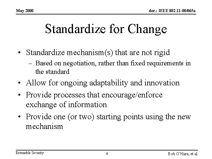 May 2000 doc. : IEEE 802. 11 -00/065 a Standardize for Change • Standardize