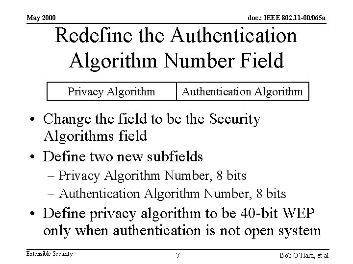 May 2000 doc. : IEEE 802. 11 -00/065 a Redefine the Authentication Algorithm Number