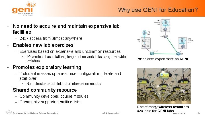 Why use GENI for Education? • No need to acquire and maintain expensive lab