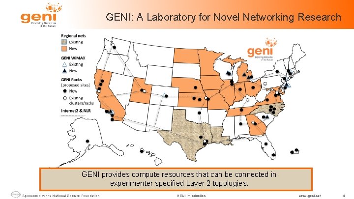 GENI: A Laboratory for Novel Networking Research GENI provides compute resources that can be