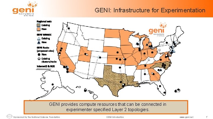 GENI: Infrastructure for Experimentation GENI provides compute resources that can be connected in experimenter