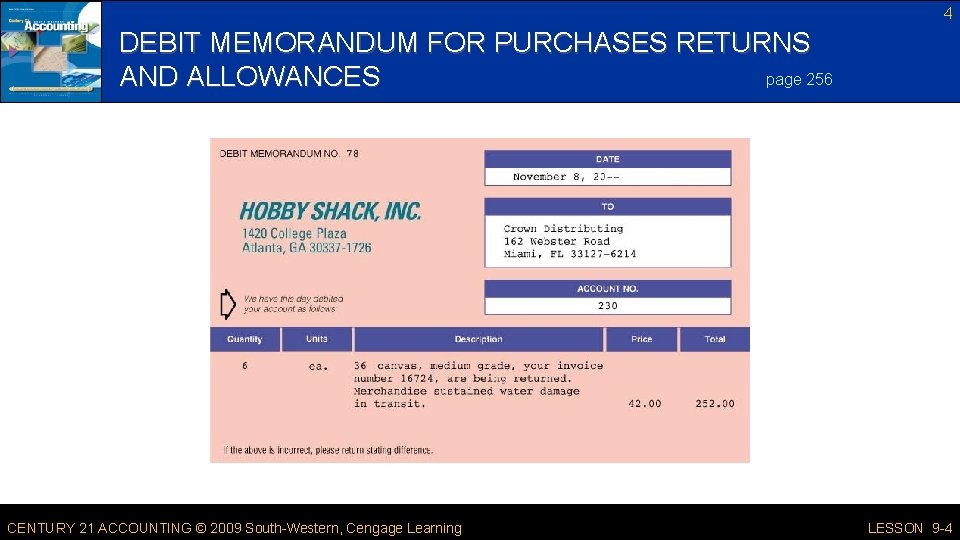 4 DEBIT MEMORANDUM FOR PURCHASES RETURNS page 256 AND ALLOWANCES CENTURY 21 ACCOUNTING ©