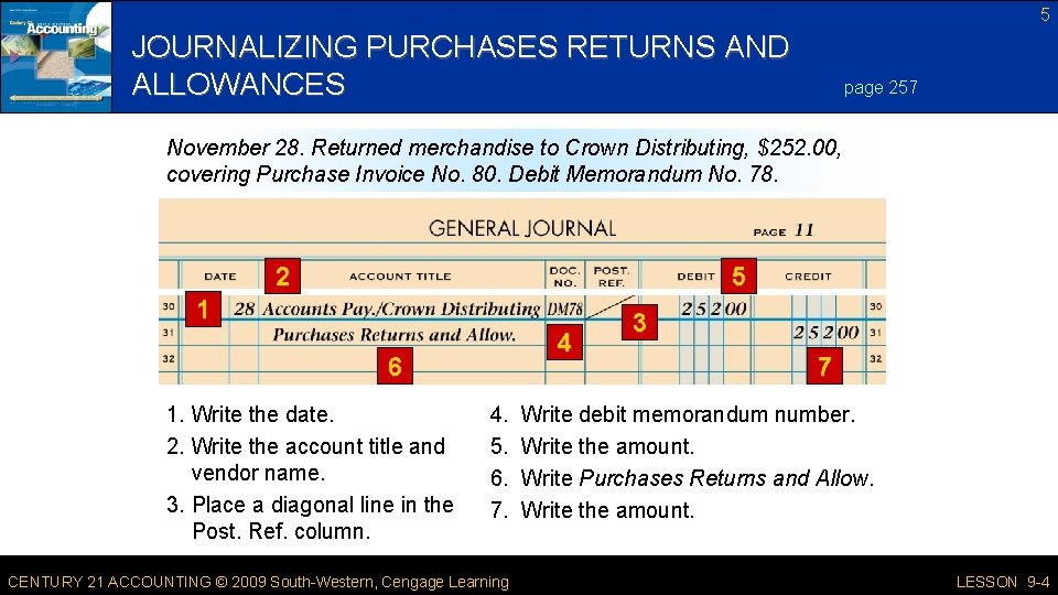 5 JOURNALIZING PURCHASES RETURNS AND ALLOWANCES page 257 November 28. Returned merchandise to Crown