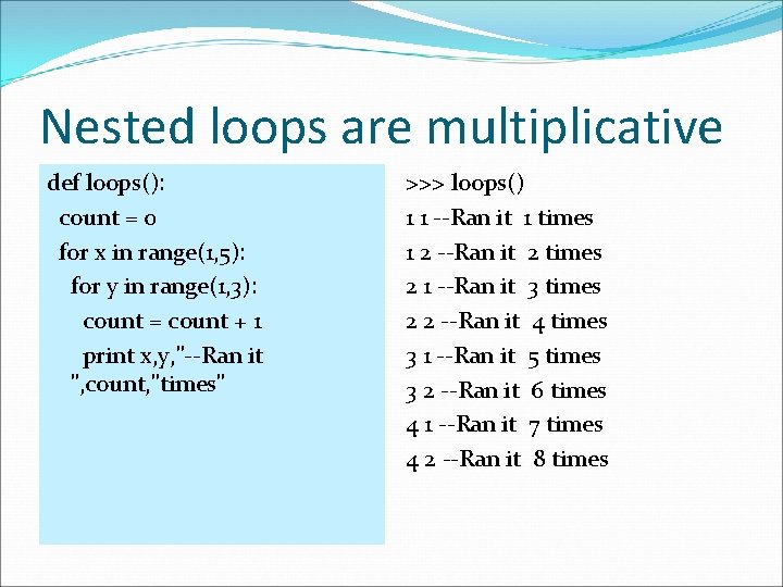 Nested loops are multiplicative def loops(): count = 0 for x in range(1, 5):