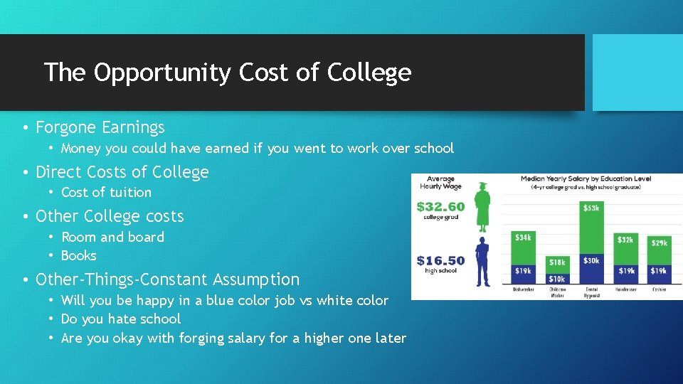 The Opportunity Cost of College • Forgone Earnings • Money you could have earned