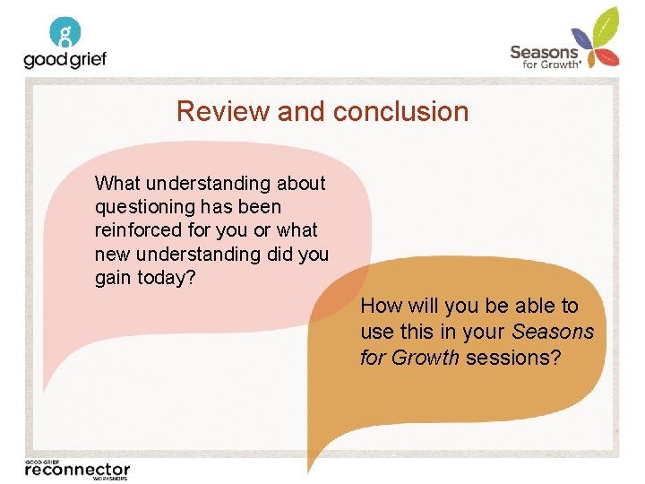 Review and conclusion What understanding about questioning has been reinforced for you or what