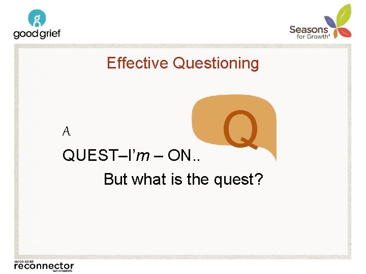Effective Questioning A Q QUEST–I’m – ON. . But what is the quest? 