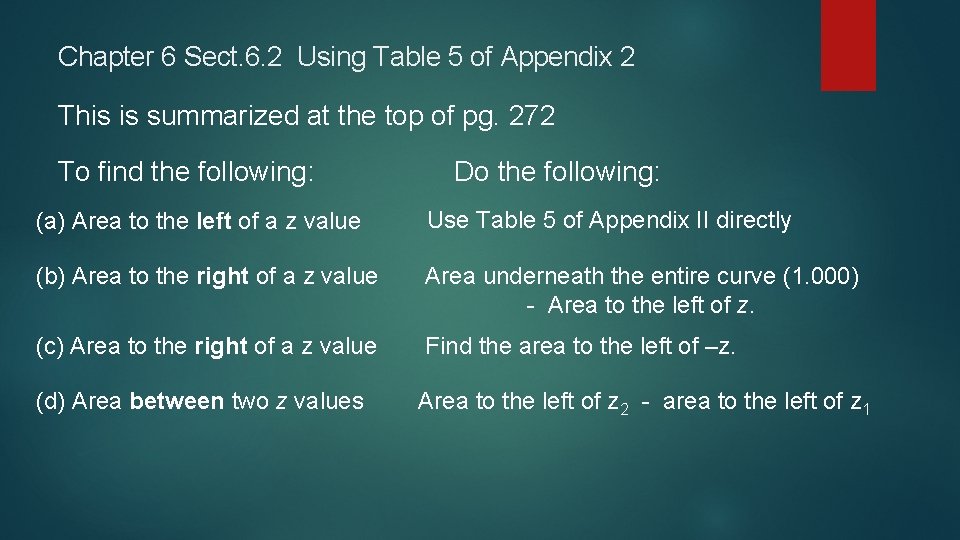 Chapter 6 Sect. 6. 2 Using Table 5 of Appendix 2 This is summarized Chapter 6 Sect. 6. 2 Using Table 5 of Appendix 2 This is summarized