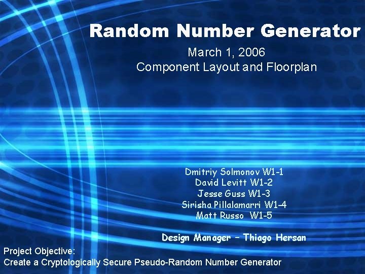 Random Number Generator March 1, 2006 Component Layout and Floorplan Dmitriy Solmonov W 1