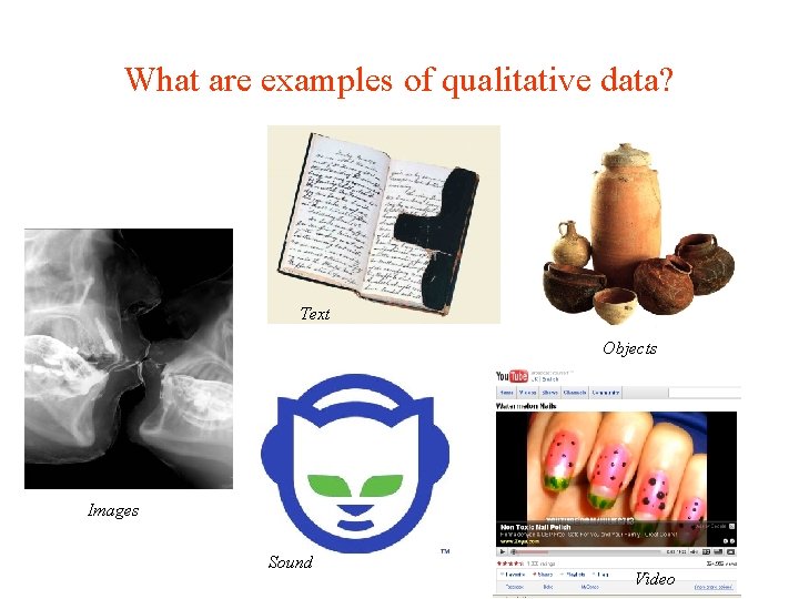 What are examples of qualitative data? Text Objects Images Sound Video 