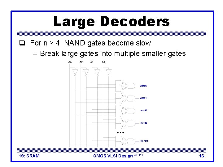 Large Decoders q For n > 4, NAND gates become slow – Break large