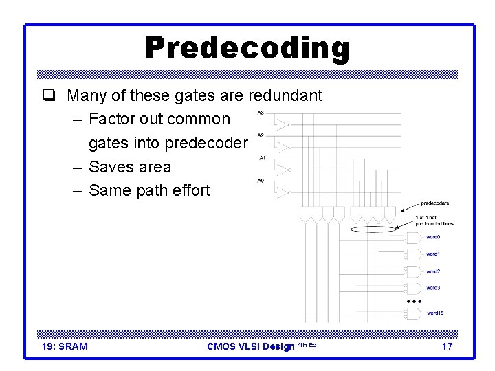 Predecoding q Many of these gates are redundant – Factor out common gates into