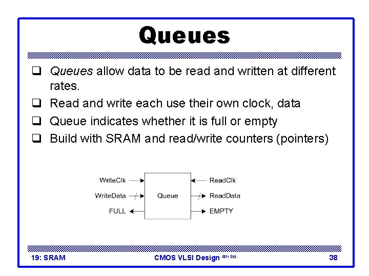 Queues q Queues allow data to be read and written at different rates. q