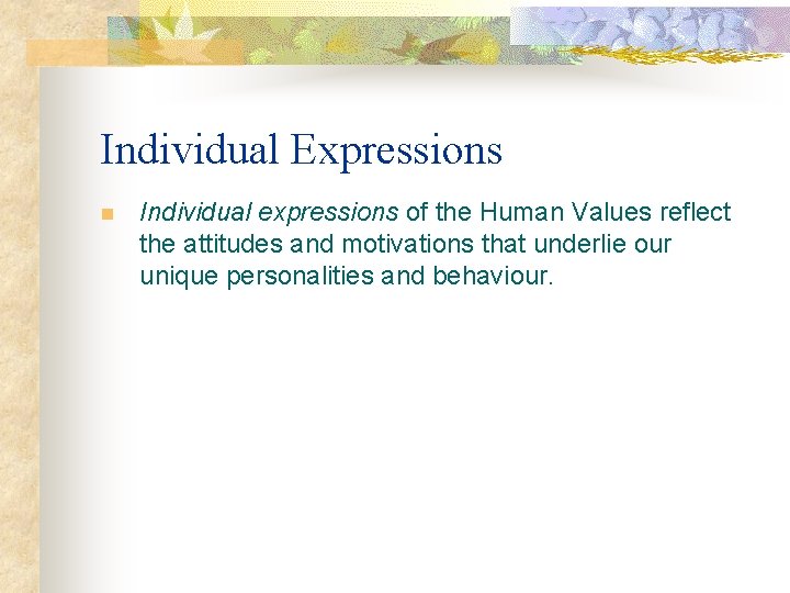 Individual Expressions n Individual expressions of the Human Values reflect the attitudes and motivations