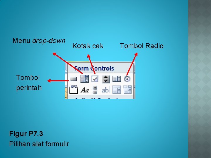 Menu drop-down Tombol perintah Figur P 7. 3 Pilihan alat formulir Kotak cek Tombol