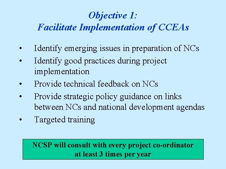 Objective 1: Facilitate Implementation of CCEAs • • • Identify emerging issues in preparation