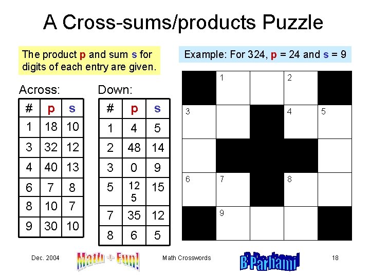 A Cross-sums/products Puzzle The product p and sum s for digits of each entry