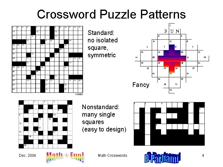 Crossword Puzzle Patterns Standard: no isolated square, symmetric Fancy Nonstandard: many single squares (easy