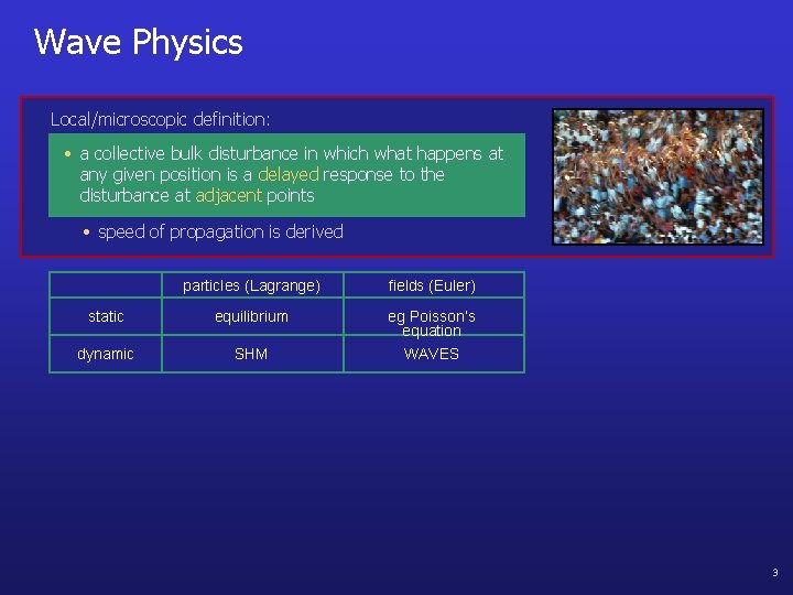 Wave Physics Local/microscopic definition: • a collective bulk disturbance in which what happens at